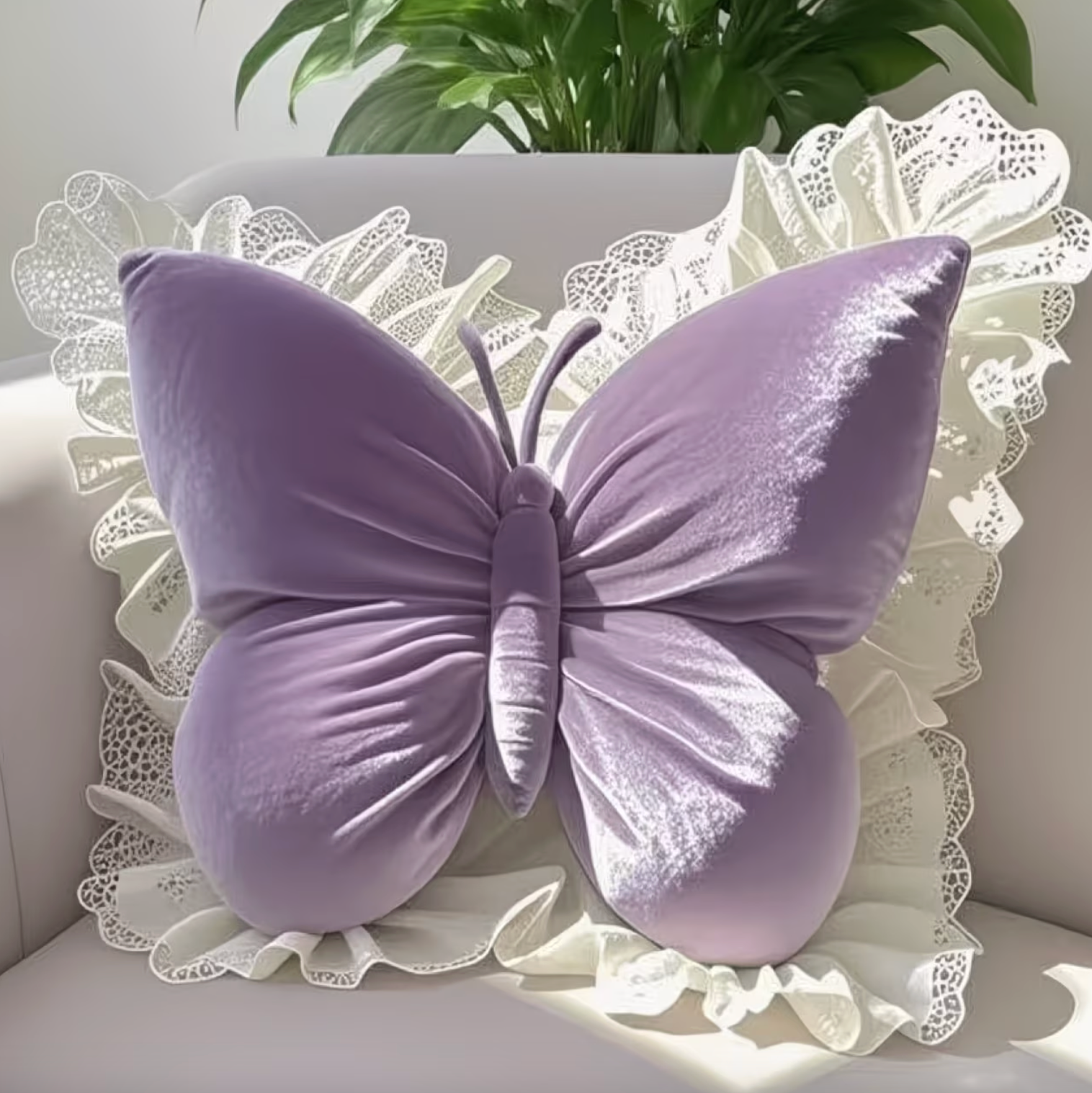 Decorative Pillow Butterfly Shape Fabric Lace Detail Indoor Use 1