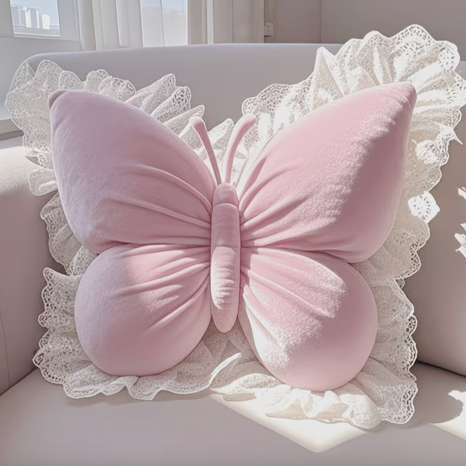 Decorative Pillow Butterfly Shape Fabric Lace Detail Indoor Use 2