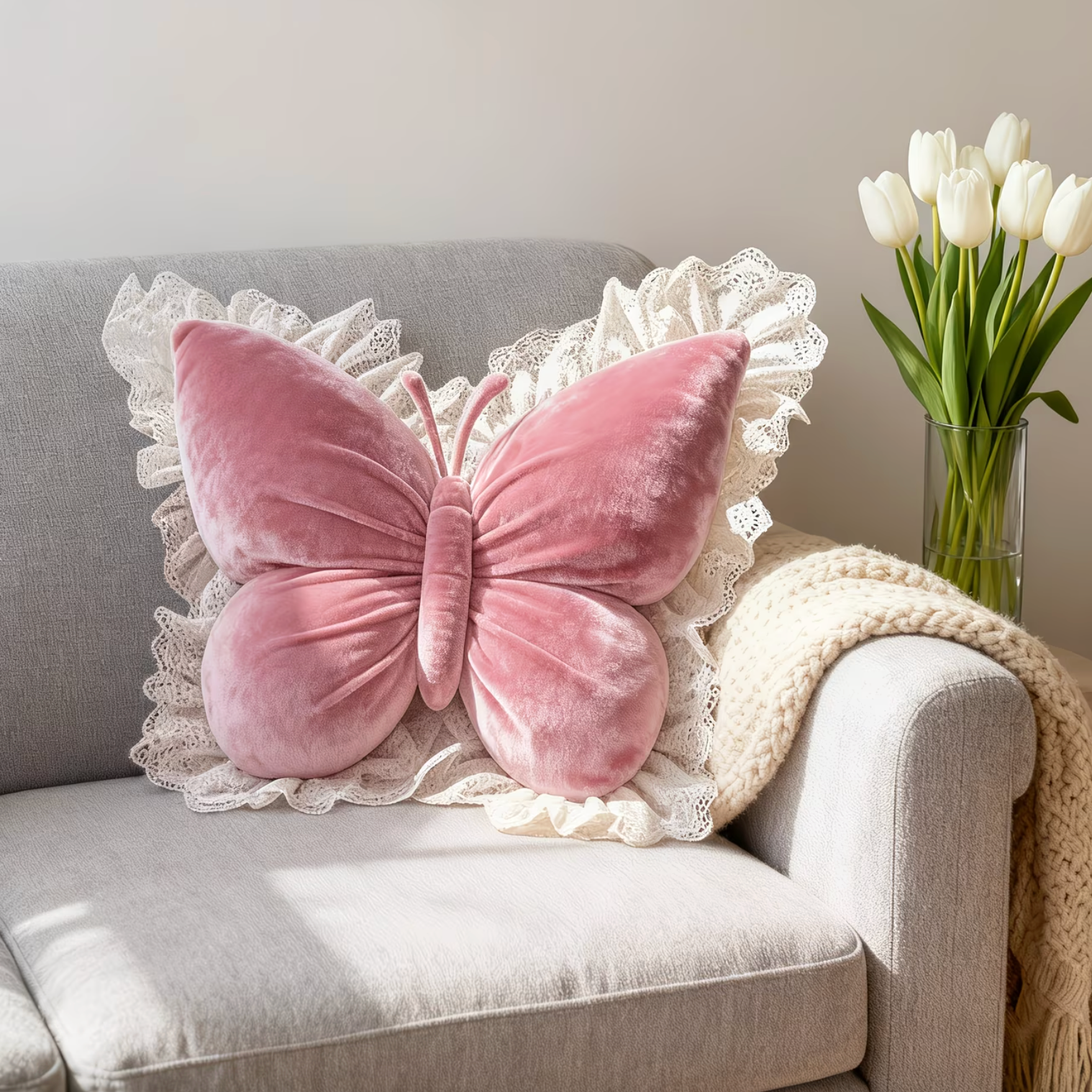 Decorative Pillow Butterfly Shape Fabric Lace Detail Indoor Use 6
