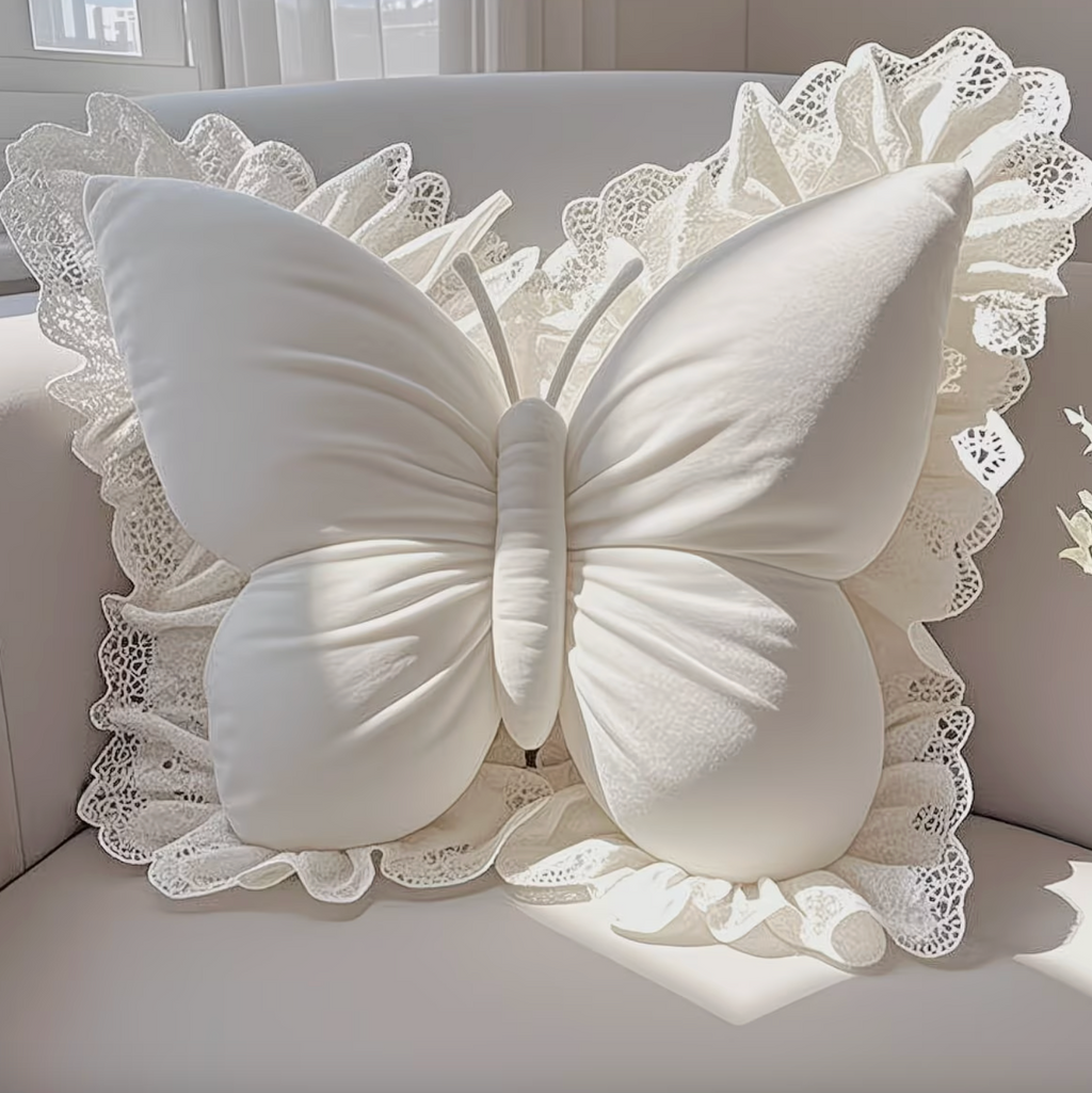 Decorative Pillow Butterfly Shape Lace Fabric Plush Filled, Elegant Soft Comfort 1