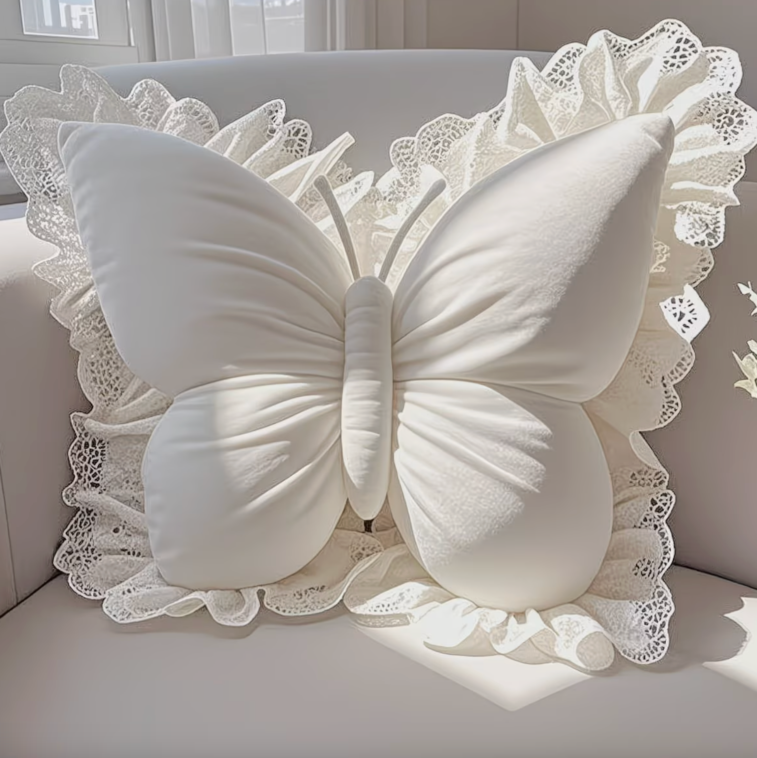 Decorative Pillow Butterfly Shape Lace Fabric Plush Filled, Elegant Soft Comfort 1