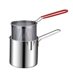 Stainless steel pot with a perforated strainer and red handle on a white background