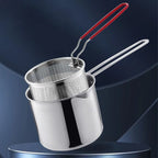 Metallic kitchen strainer with a red handle on a dark blue background