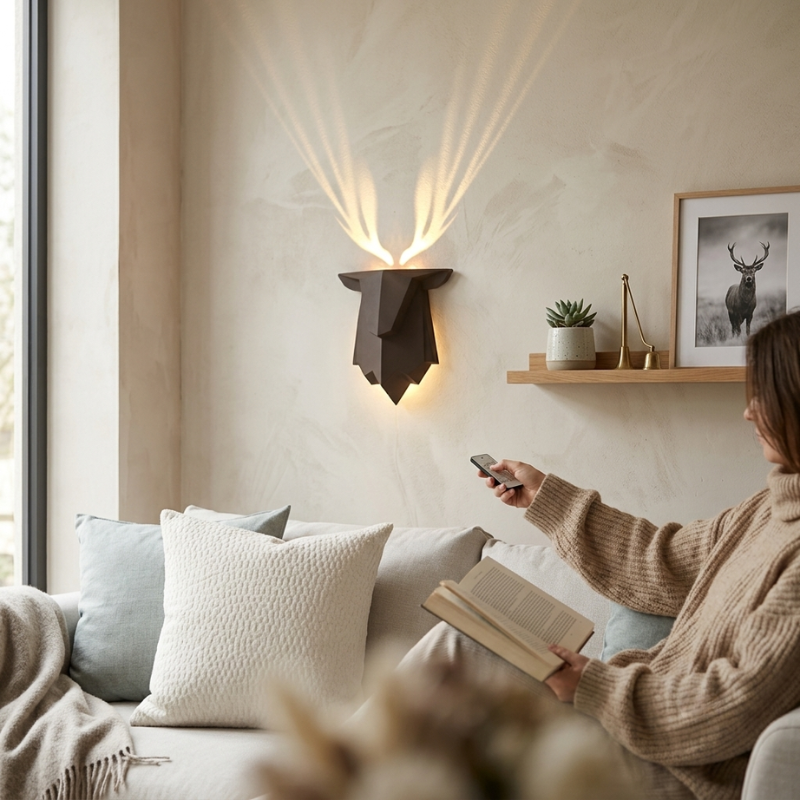 A modern geometric wall sconce with a deer head silhouette casts a warm glow upwards and downwards, mounted on a textured beige wall above a sofa with a person reading in the foreground.