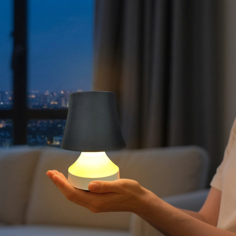 Person holding a small, glowing lamp in front of a cityscape at night.