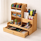 Desk Organizer Wooden Storage 12 x 9 x 6 in Natural Finish With Ample Desk Storage
