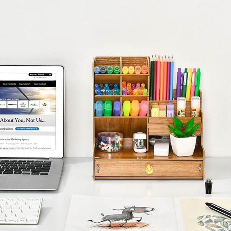 Desk Organizer Wooden Storage 12 x 9 x 6 in Natural Finish With Ample Desk Storage 2