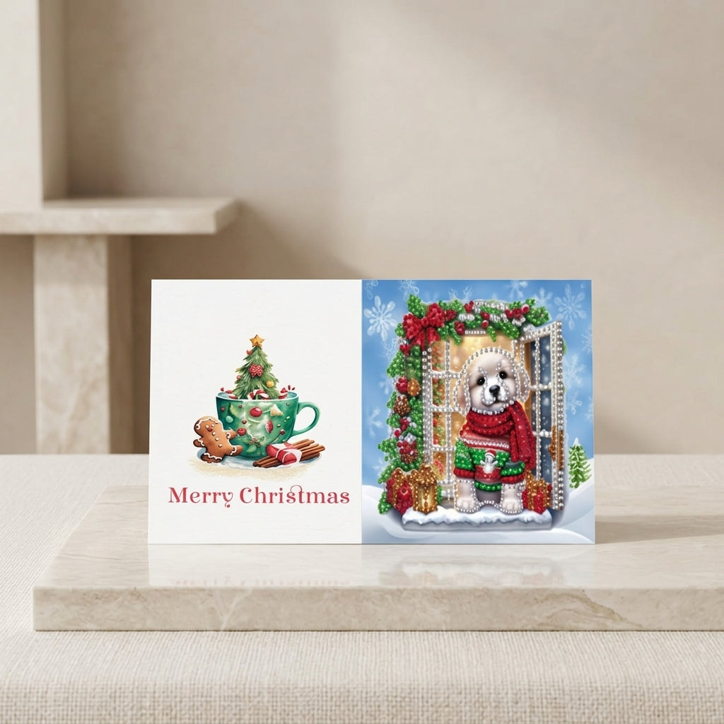 A Christmas greeting card displayed on a light stone surface, showing two illustrated holiday scenes: a green teacup with a Christmas tree and cookies on the left, and a small white dog in a red sweater standing in a snowy window frame on the right. The card reads “Merry Christmas.