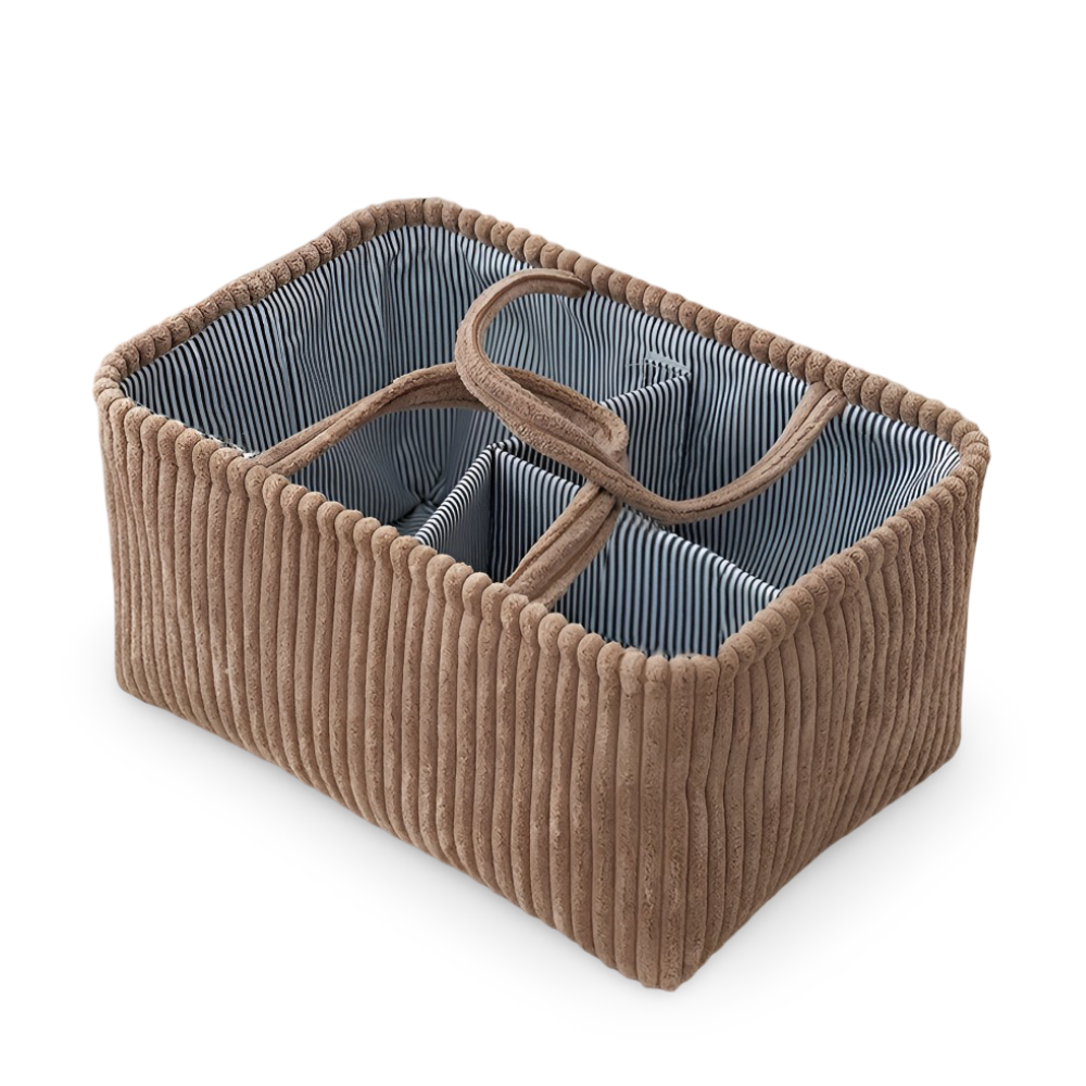 Brown ribbed fabric caddy with gray interior on a white background