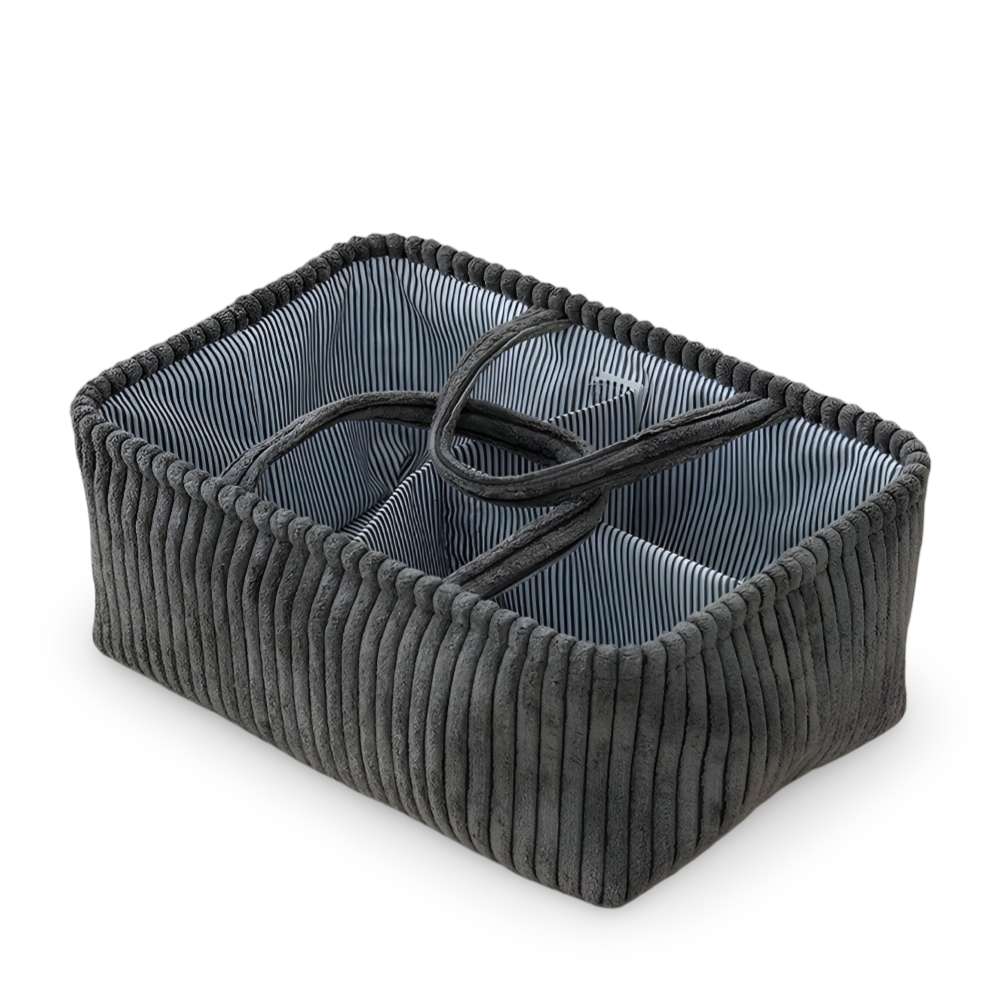 Gray corduroy jewelry organizer with compartments on a white background