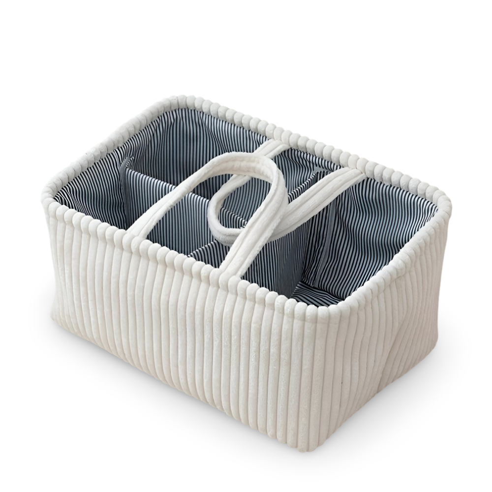 Rectangular storage basket with ribbed design and gray interior on a white background