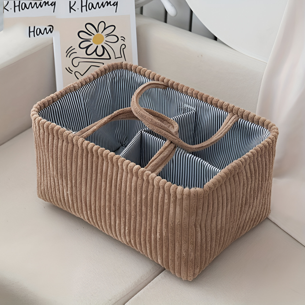 Brown storage basket with striped interior on a light-colored surface