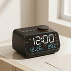 A black digital alarm clock with a circular control knob and LED display, shown on a light wood surface in a softly lit indoor setting.