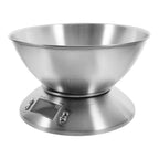 A stainless steel digital kitchen scale with a large mixing bowl on top, featuring a circular base with a small display screen and two control buttons, shown against a plain white background.