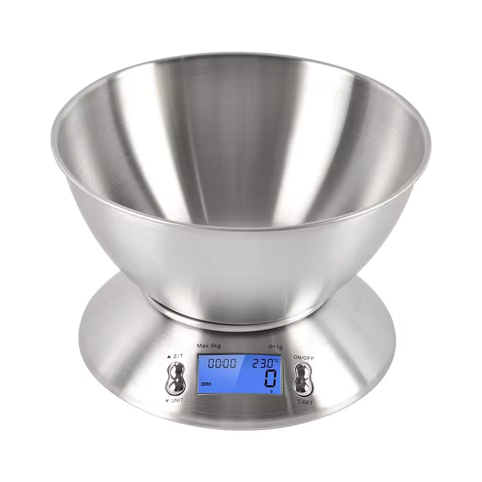A stainless steel digital kitchen scale with a conical measuring bowl on a round base, featuring a blue LCD display screen and two control knobs labeled in English and Chinese.