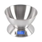 A stainless steel digital kitchen scale with a conical measuring bowl on a round base, featuring a blue LCD display screen and two control knobs labeled in English and Chinese.