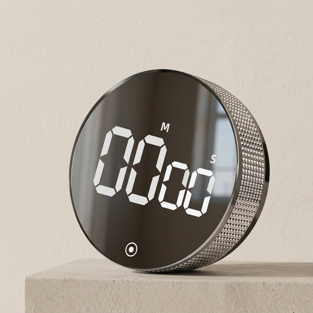 A round digital alarm clock with a glossy black face and a textured silver side, sitting on a light beige stone block against a neutral beige wall.