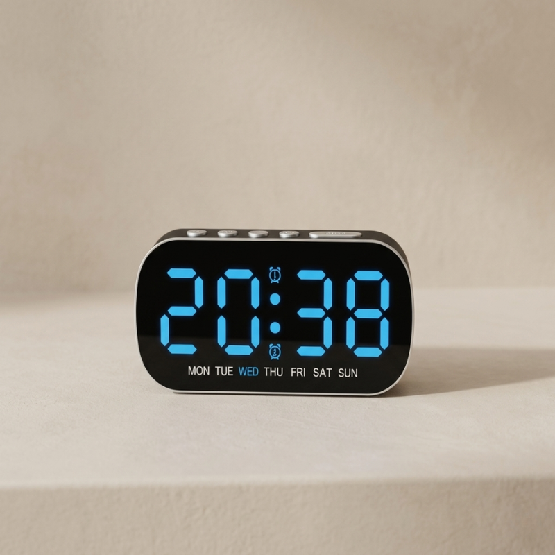 Digital clock with blue LED display on a beige background