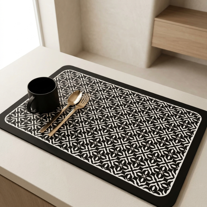 Black and white patterned placemat with a black mug and gold cutlery on a light wooden surface.