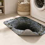 A rectangular pet mat with a realistic stone well print, shown on a light tile floor in a laundry room next to a washing machine and a woven basket.
