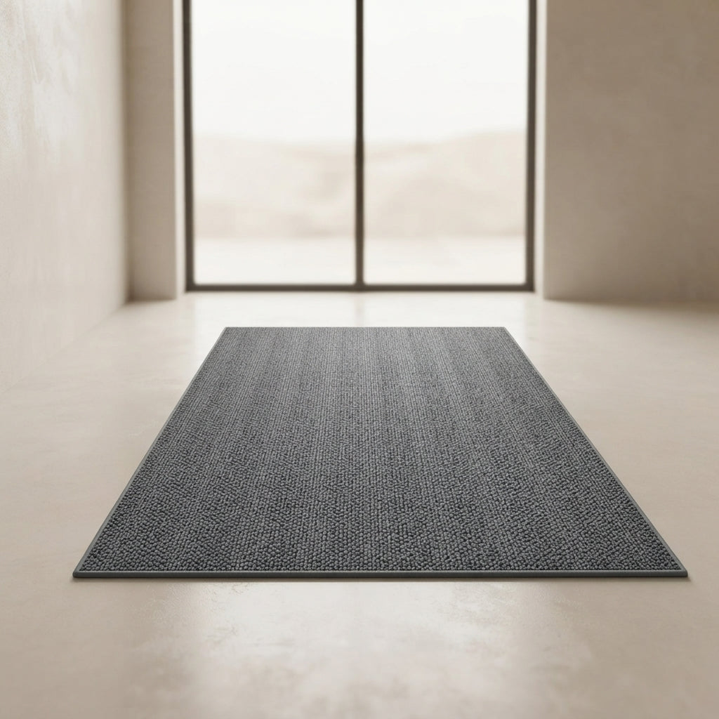 A rectangular gray textured area rug placed on a light beige floor in a minimalist room with a large window in the background.