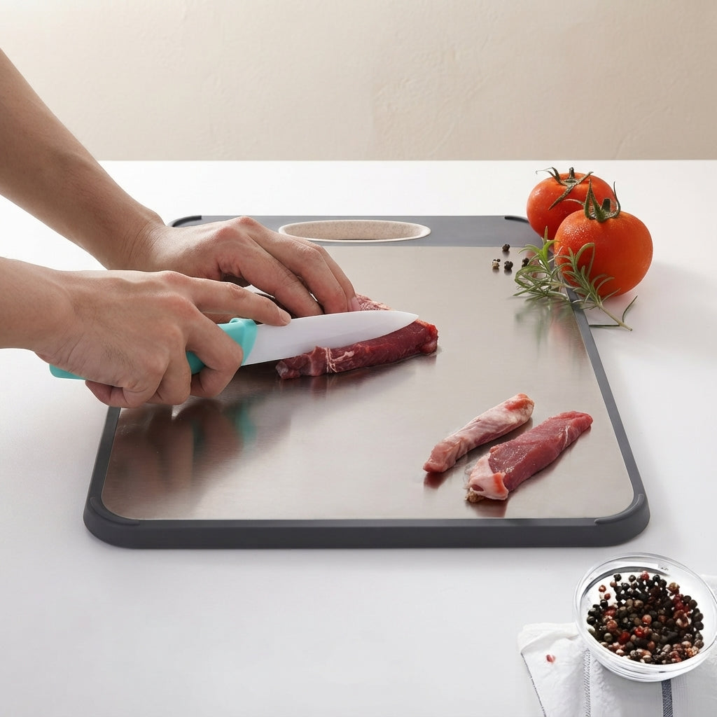 Dual-Sided Cutting Board with Stainless Steel and Rice Husk Fiber 1