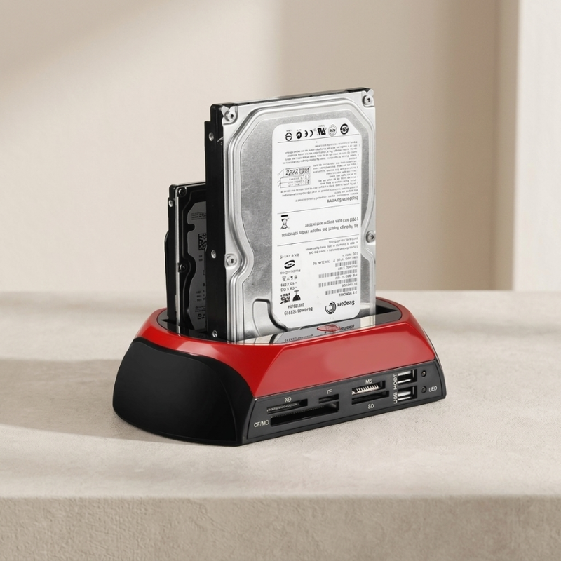 A red and black external hard drive dock with two hard drives inserted, shown on a beige tabletop against a neutral beige background.