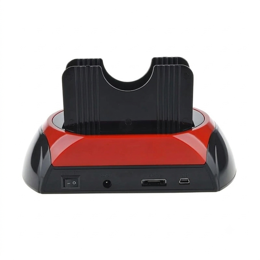 A red and black electronic charging dock with a vertical slot insert, shown from the back against a plain white background.