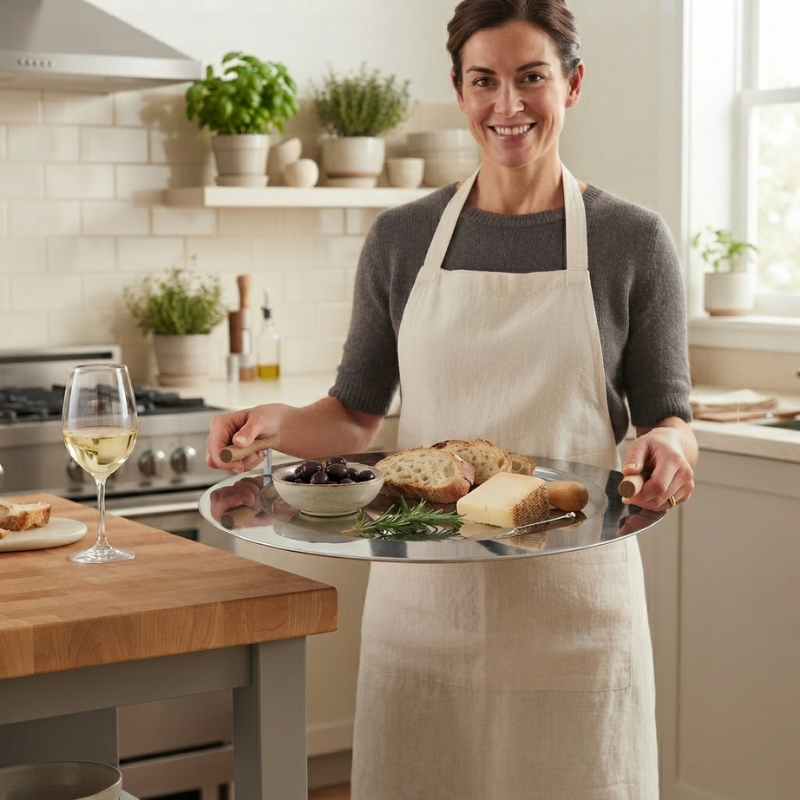 Woman in a kitchen holding a platter of food with a glass of wine.