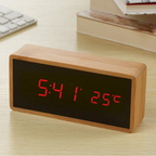Eco-Friendly Bamboo LED Alarm Clock with Temperature Display and Sound Activation 0