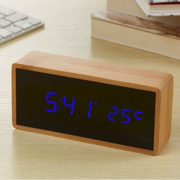 Eco-Friendly Bamboo LED Alarm Clock with Temperature Display and Sound Activation 1