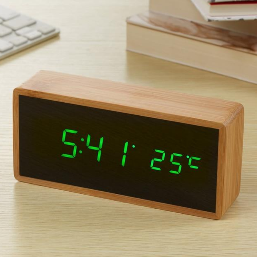 Eco-Friendly Bamboo LED Alarm Clock with Temperature Display and Sound Activation 2