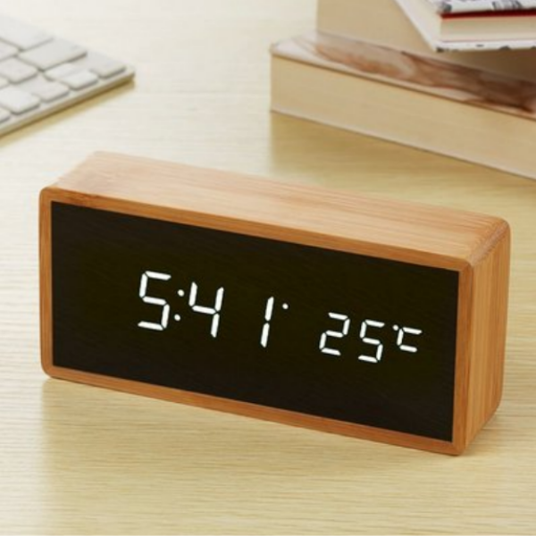 Eco-Friendly Bamboo LED Alarm Clock with Temperature Display and Sound Activation 3