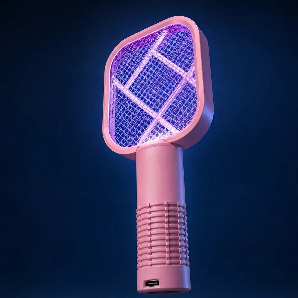 A pink handheld electric insect killer lamp with a UV light head, shown against a dark blue background.