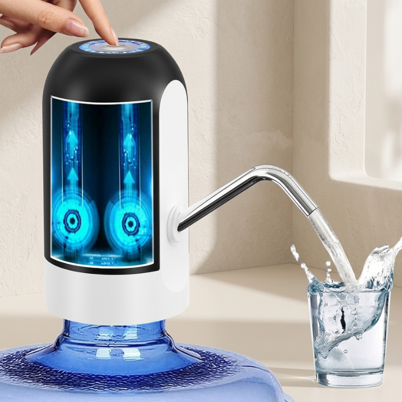 Blue water dispenser with a glass of water being filled, set against a neutral background.