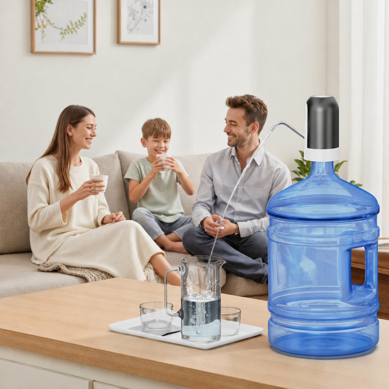 Family sitting on a couch with a large blue water container on a table