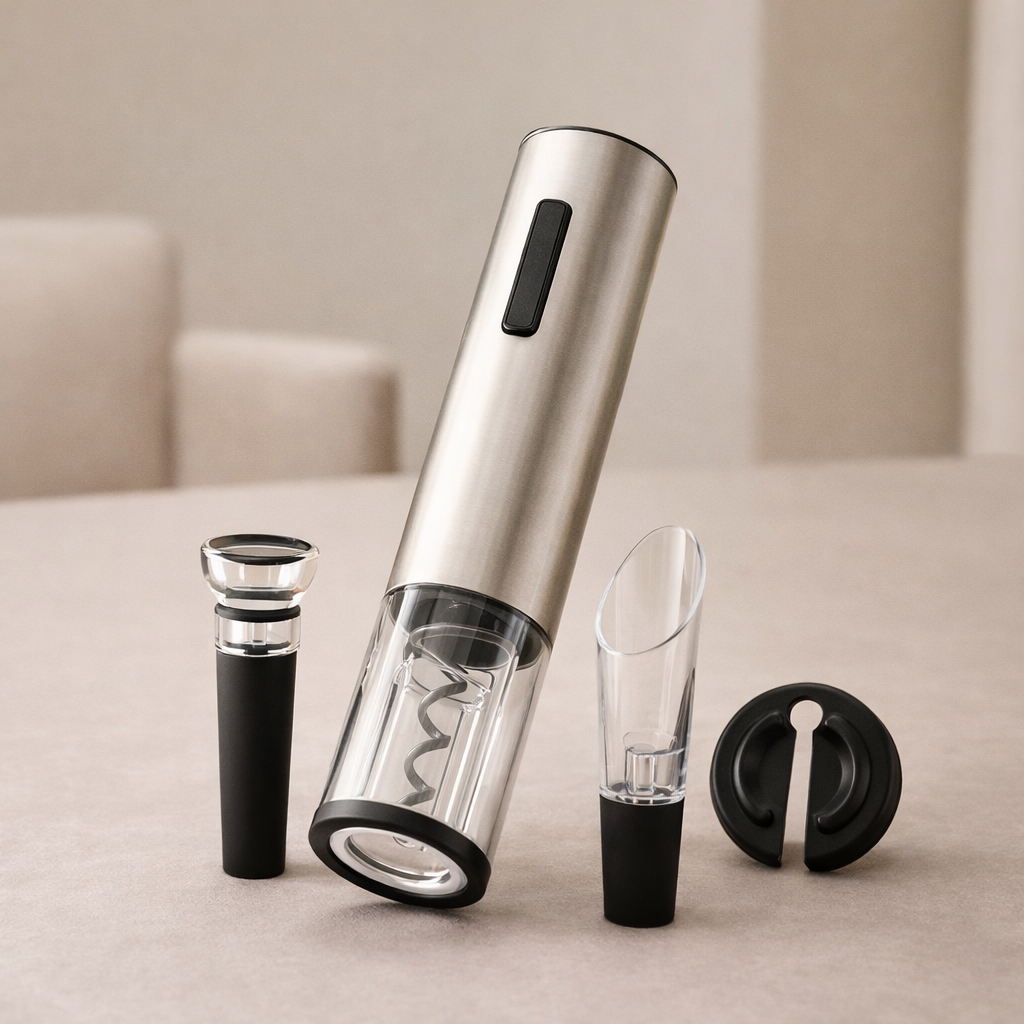 Electric Wine Opener Set Rechargeable Plastic and Stainless Steel with Pourer and Stopper 1
