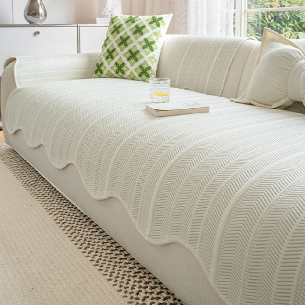 Elegant Herringbone Sofa Cover with Scallop Edge – Soft Microfiber Blend Slipcover Couch Protector for Stylish Home Decor 0