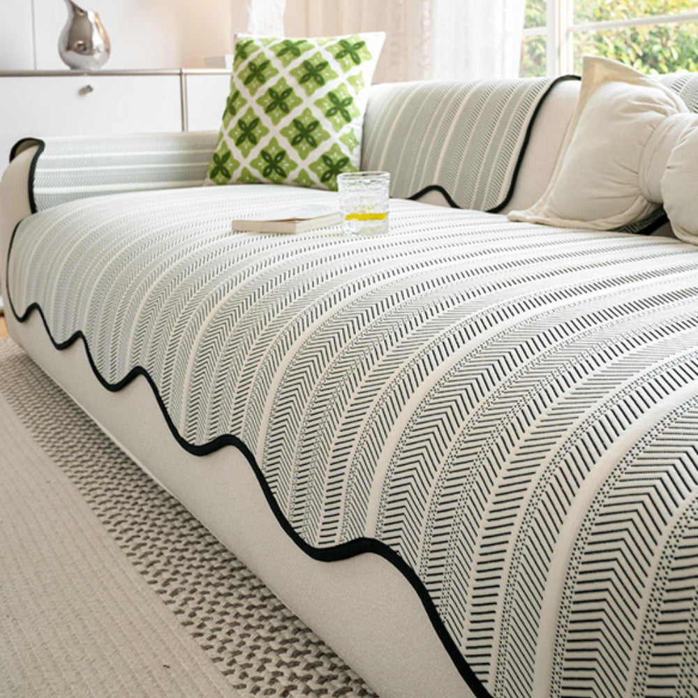 Elegant Herringbone Sofa Cover with Scallop Edge – Soft Microfiber Blend Slipcover Couch Protector for Stylish Home Decor 2