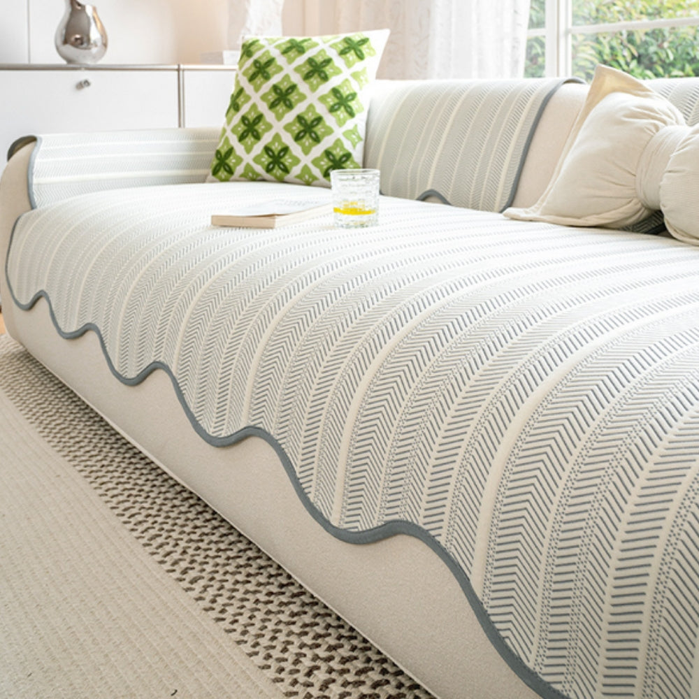 Elegant Herringbone Sofa Cover with Scallop Edge – Soft Microfiber Blend Slipcover Couch Protector for Stylish Home Decor 3