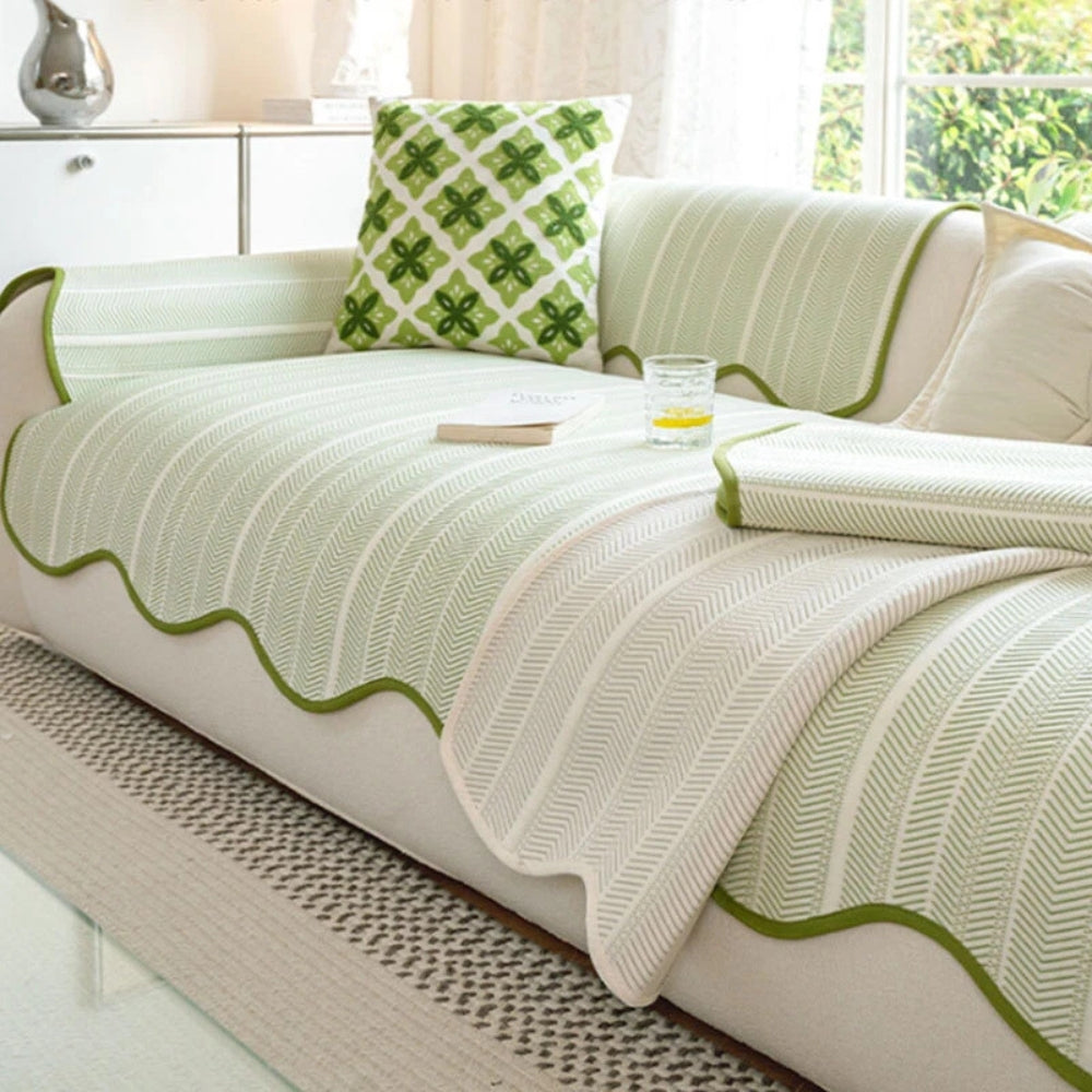 Elegant Herringbone Sofa Cover with Scallop Edge – Soft Microfiber Blend Slipcover Couch Protector for Stylish Home Decor 4