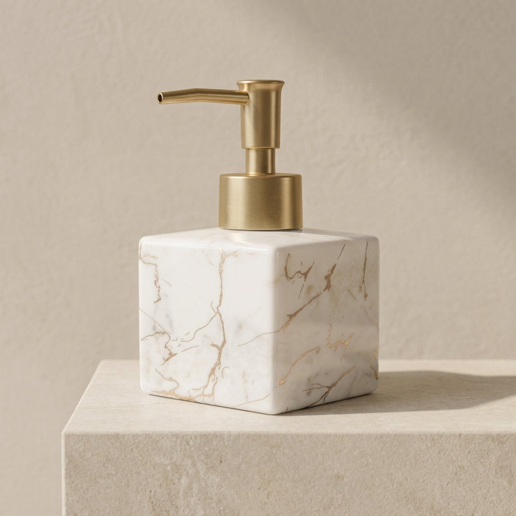 Elegant Marble Soap Dispenser for Kitchen and Bathroom – 280 ml Ceramic Hand Soap Dispenser with Pump in Gold