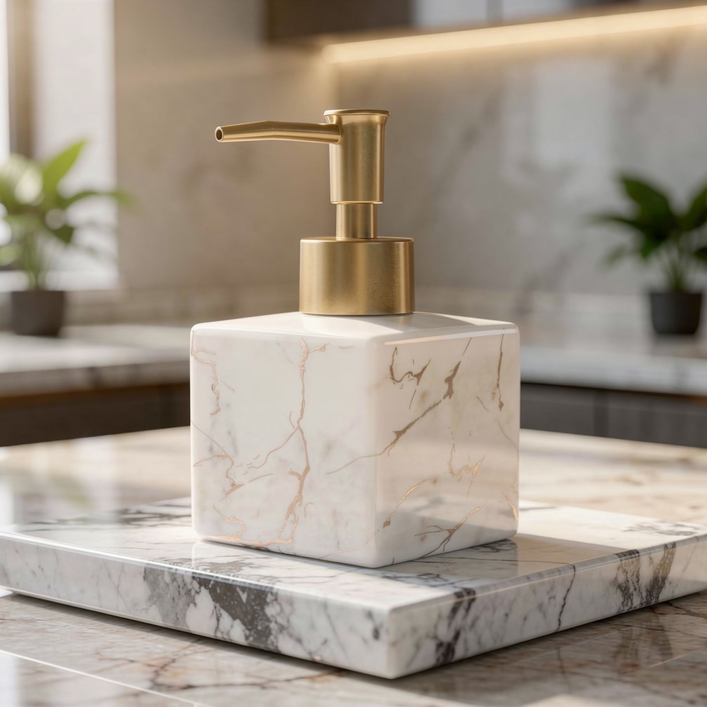 Elegant Marble Soap Dispenser for Kitchen and Bathroom – 280 ml Ceramic Hand Soap Dispenser with Pump in Gold 0