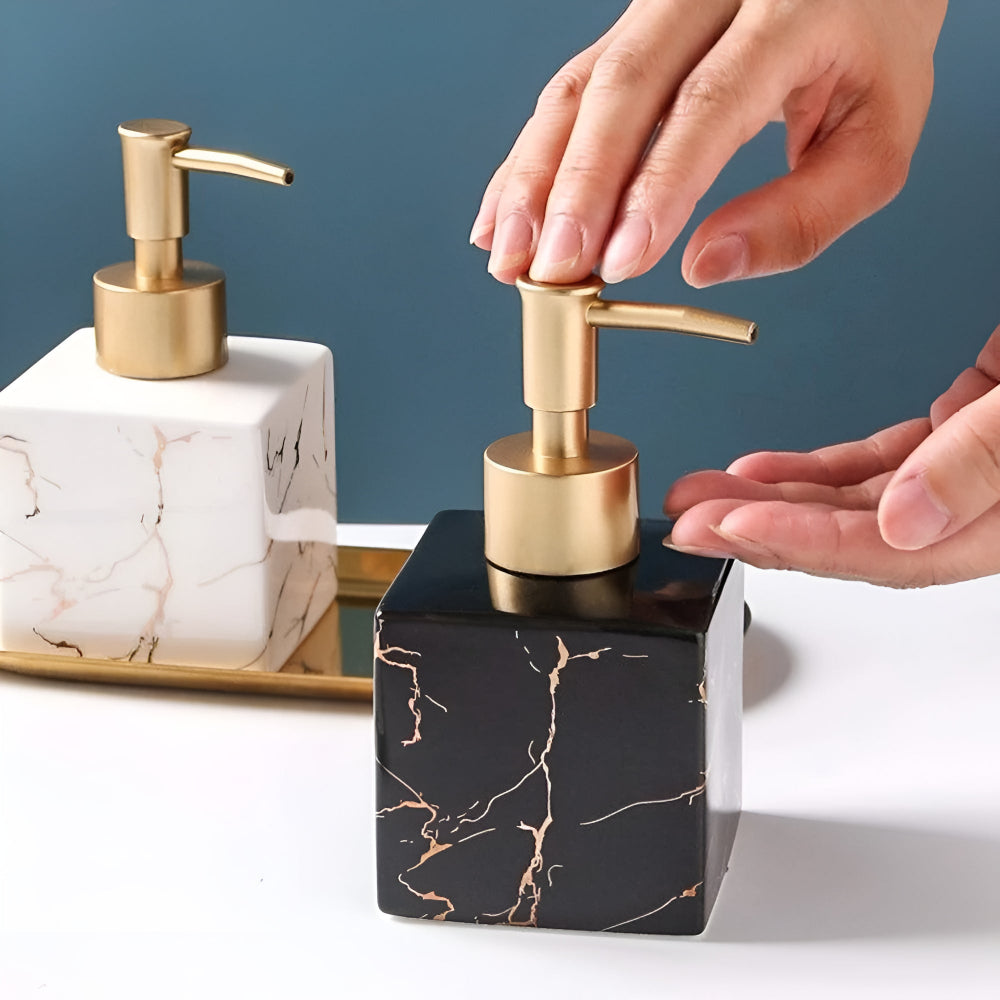 Elegant Marble Soap Dispenser for Kitchen and Bathroom – 280 ml Ceramic Hand Soap Dispenser with Pump in Gold 2