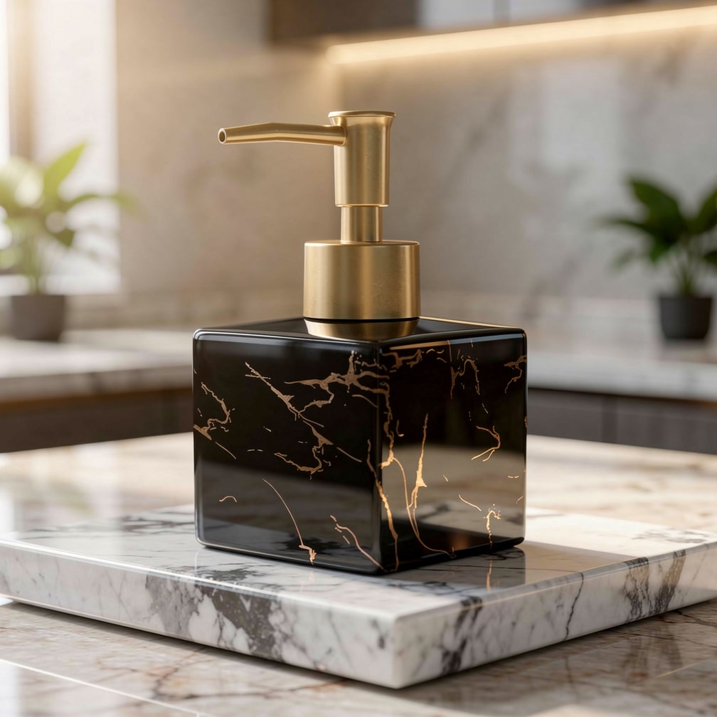 Elegant Marble Soap Dispenser for Kitchen and Bathroom – 280 ml Ceramic Hand Soap Dispenser with Pump in Gold 4