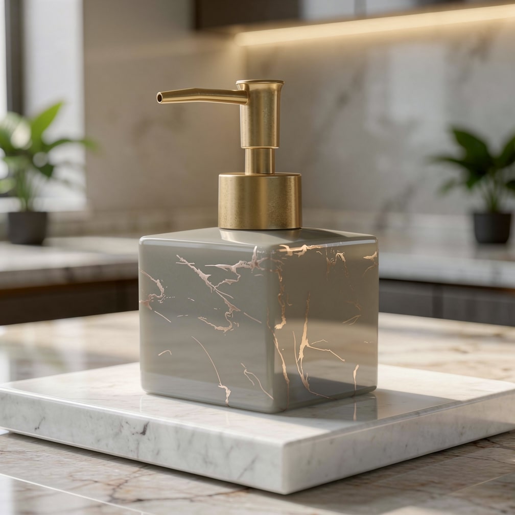 Elegant Marble Soap Dispenser for Kitchen and Bathroom – 280 ml Ceramic Hand Soap Dispenser with Pump in Gold 5