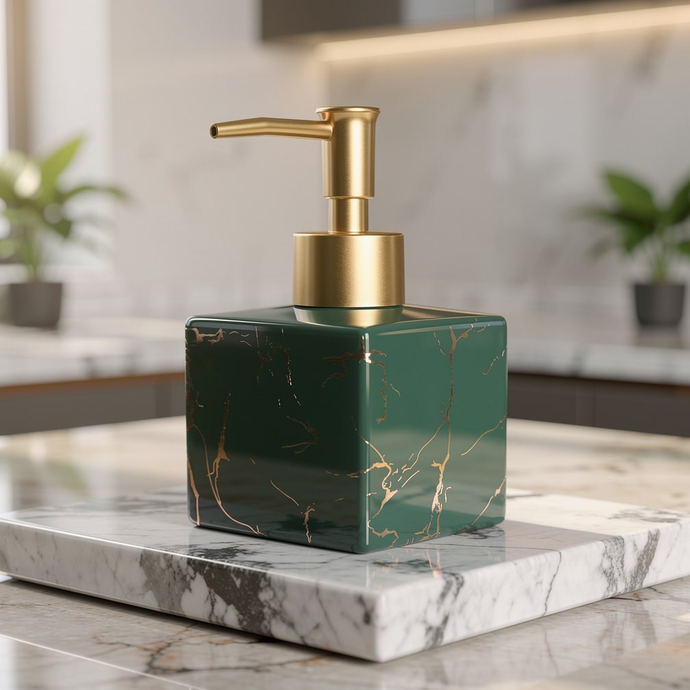 Elegant Marble Soap Dispenser for Kitchen and Bathroom – 280 ml Ceramic Hand Soap Dispenser with Pump in Gold 6