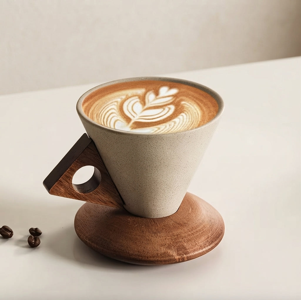 Espresso Cup Set Ceramic Solid Wood Handle Saucer