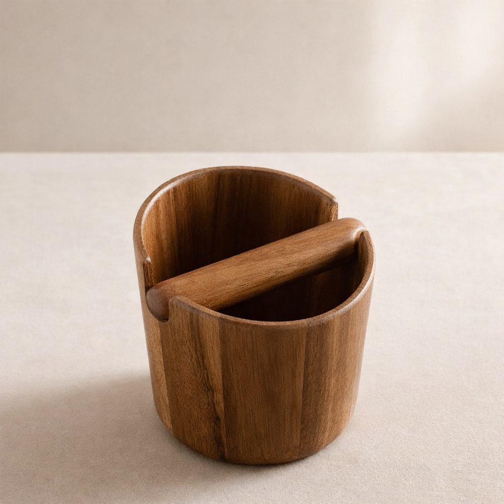 Espresso Knock Box Acacia Wood Built In Knock Bar Compact 2