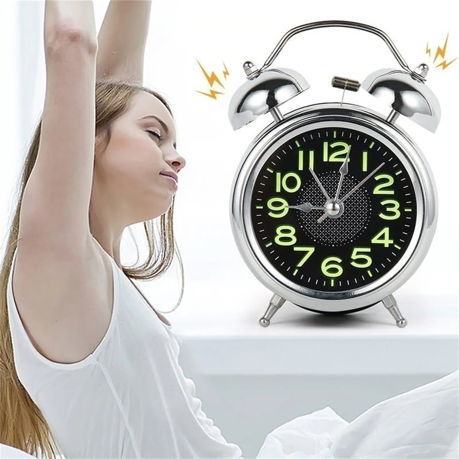 Extra Loud Retro Twin Bell Alarm Clock for Heavy Sleepers with Silent Quartz Movement and Night Light – Metal Case, 6.2 x 4.5 x 2.1 3